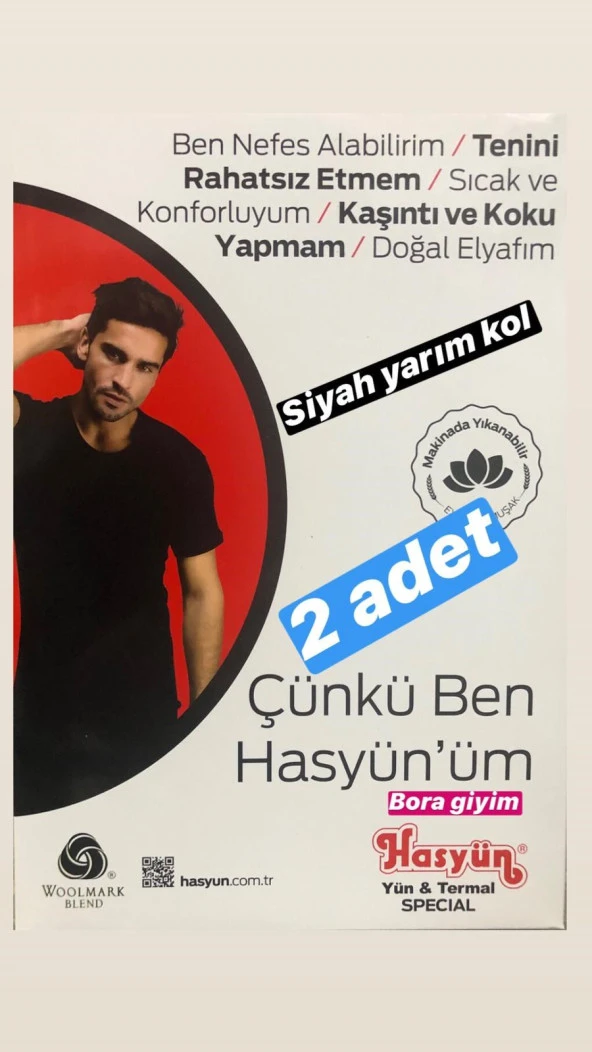 Hasyün Erkek Kısa Kol Siyah Yün Fanila Yün İçlik 2 Adet ürün görseli 1
