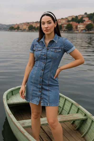 Kısa Kollu Önden Düğmeli Jean Elbise Mavi ürün görseli 1