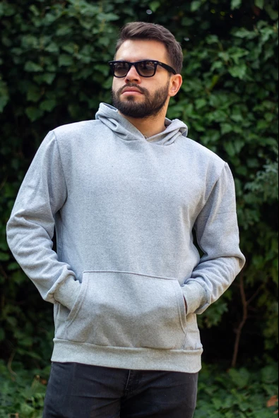 Erkek Gri Baskısız Basic Oversize Kapüşonlu Kanguru Cep Uzun Kollu Kalın Sweatshirt 23ESWTCKAG ürün görseli 1