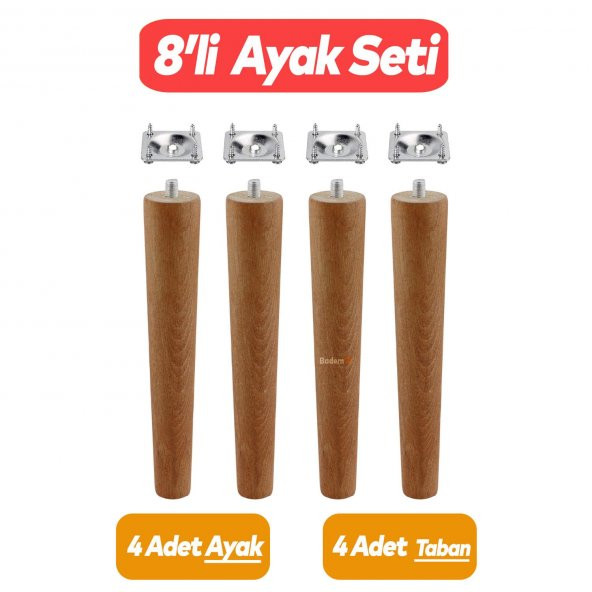 Ahşap Ayak Masa Sehpa Tabure Puf Ünite Mobilya Ayağı M8 Civata 20 cm Ayak+Bağlantı Aparatı 8li SET ürün görseli 1