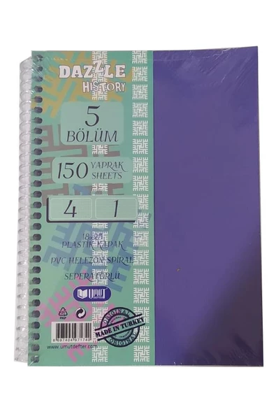 Orta Boy 4+1 Ayraçlı Defter 5 Konulu 150 Yaprak 1 Adet 4 Kareli 1 Çizgili Spralli Plastik Kapak Seperatörlü 18x25 cm ürün görseli 1