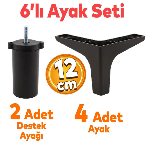 Sedef 6'lı Set Mobilya Tv Ünitesi Koltuk Kanepe Destek Ayağı 12 Cm Siyah Baza Ayakları M8 Destek ürün görseli 1