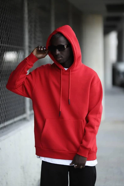 Kapşonlu 3 İplik Kalın İçi Polarlı Oversize Kangru Cepli Erkek Sweatshirt ürün görseli 1