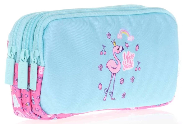 Kids&Love Üç Bölmeli Kız Çocuk Kalem Çantası - Turkuaz Pembe Flamingo ürün görseli 1