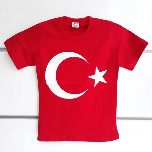 Kırmızı Üzerine Beyaz Ay Yıldız 23 Nisan Kısa Kollu Çocuk Bayrak T-shirt ürün görseli 1