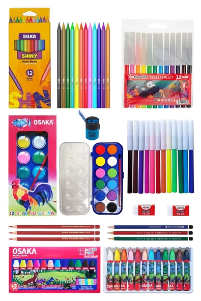 Okula Dönüş Seti 13 Parça Kuru Boya Sulu Boya Pastel Boya Keçeli Kalem Ekonomik Okul Kırtasiye Seti ürün görseli 1