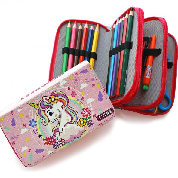 Bahar Çiçekli Unicorn Kalem Kutusu Kawai Organizer Kalemkutu Vegan Deri Üç Bölmeli Kalemlik- Pembe ürün görseli 1