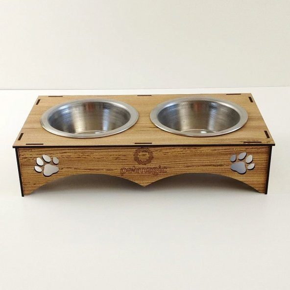 Petmagic 2li Mama Kabı ikili Ahşap-Çelik Mama Kabı Çam Rengi ürün görseli 1