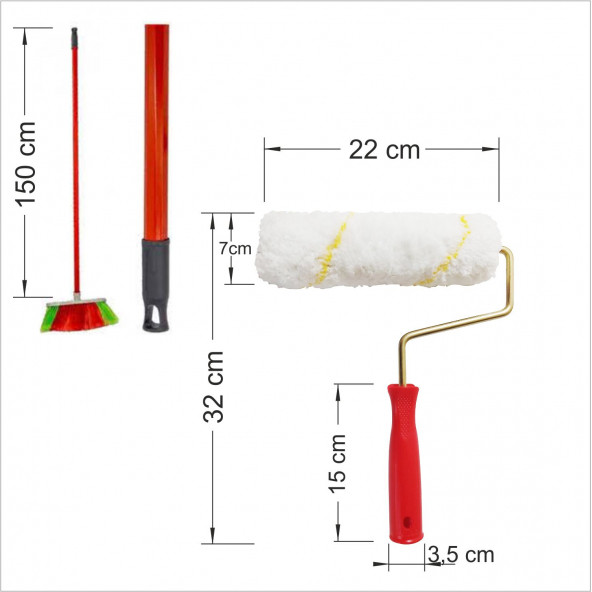 Geniş 25 cm Boya Rulolu Merdaneli Oto Yıkama Fırçalı 150 cm  Uzun Metal Süpürge Sapı Sap Çubuk Oklav ürün görseli 1