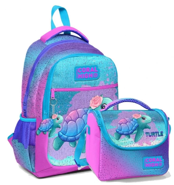 Coral High Okul Sırt ve Beslenme Çantası Seti - Kız Çocuk Pembe Mavi Kaplumbağa ürün görseli 1