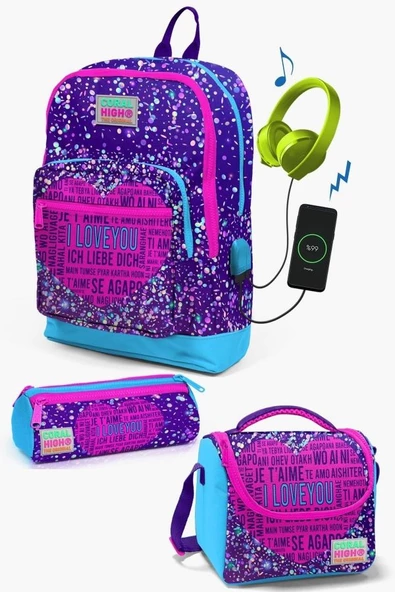Coral High Kids Mor Mavi Pembe Kalp Desenli USB'li 3'lü Okul Çanta Seti - Kız Çocuk ürün görseli 1