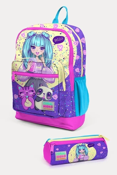Coral High Kids Mor Pembe Anime Kız Desenli 2'li Okul Çanta Seti - Kız Çocuk ürün görseli 1