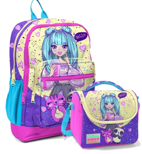 Coral High Mor Pembe Anime Okul Sırt ve Beslenme Çantası Seti - Kız Çocuk - Dört Bölmeli ürün görseli 1
