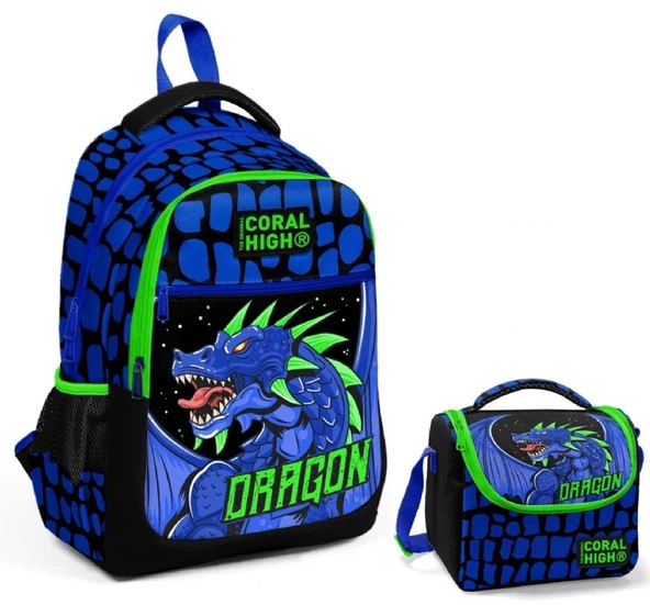 Coral High Mavi Yeşil Dragon İlkokul Okul Sırt ve Beslenme Çantası Seti - Erkek Çocuk ürün görseli 1