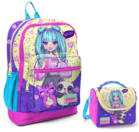Coral High Mor Pembe Anime Okul Sırt ve Beslenme Çantası Seti ürün görseli 1