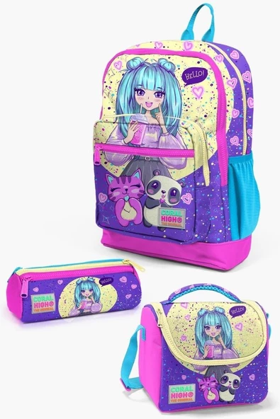 Coral High Kids Mor Pembe Anime Kız Desenli 3'lü Okul Çanta Seti ürün görseli 1