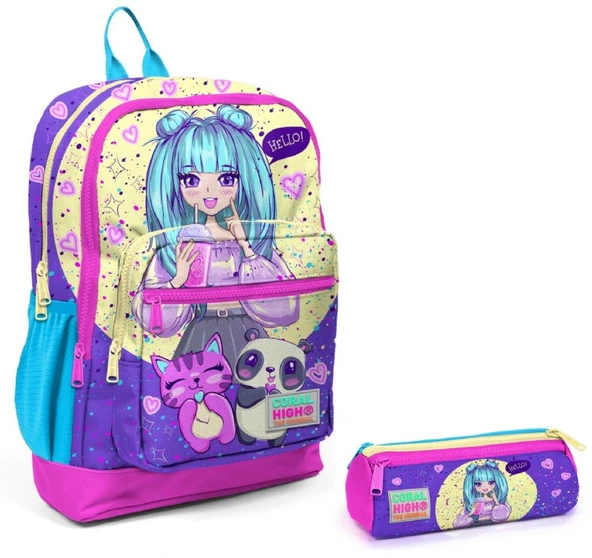 Coral High Mor Pembe Anime İlkokul Sırt Çantası ve Kalemlik Seti ürün görseli 1