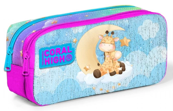Coral High Kids İki Bölmeli Kız Çocuk Pembe Mavi Zürafa Kalem Çantası Kalemlik ürün görseli 1