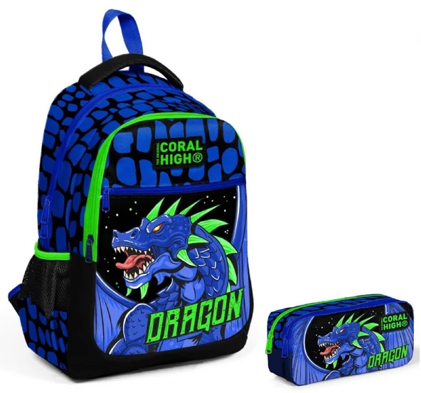 Coral High Mavi Yeşil Dragon İlkokul Ortaokul Sırt Çantası ve Kalemlik Seti ürün görseli 1