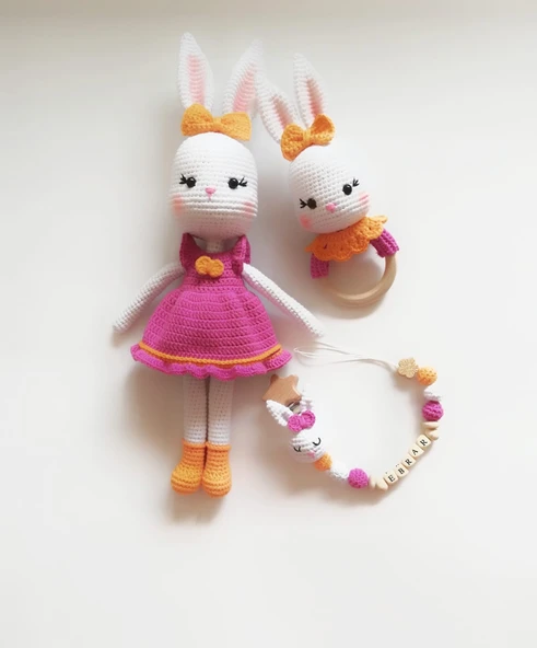 Bayan Tavşan Yenidoğan Seti Amigurumi Organik Oyuncak ürün görseli 1