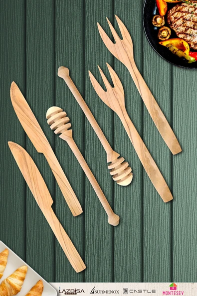 Zeytin Ağacı Ahşap Tahta Bal Reçel Kaşığı Kahvaltı Çatalı Kahvaltı Bıçağı Seti ( ZEYTİN AĞACI ) ürün görseli 1