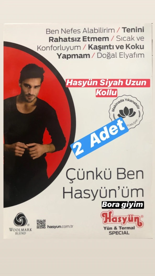 Hasyün Serkek Uzun Kollu Siyah Fanila Yün İçlik 2 Adet ürün görseli 1