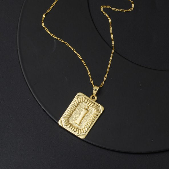 Altın Kare Plakalı İ Harf Kolye 14 Ayar - Resim 4