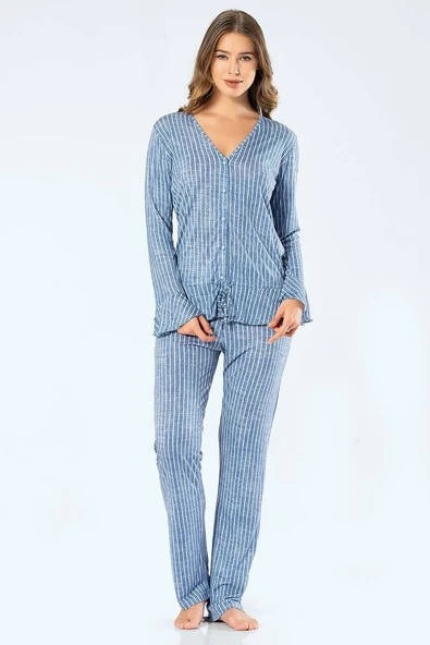 Türen Kadın Çizgili Uzun Kollu V Yaka Düğmeli Pijama Takım ürün görseli 1