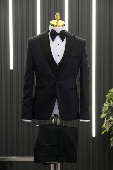 Slimfit (Skinny Kesim) Desenli Sivri Sabit Yaka Yelekli Papyonlu Smokin Takım Elbise ürün görseli 1
