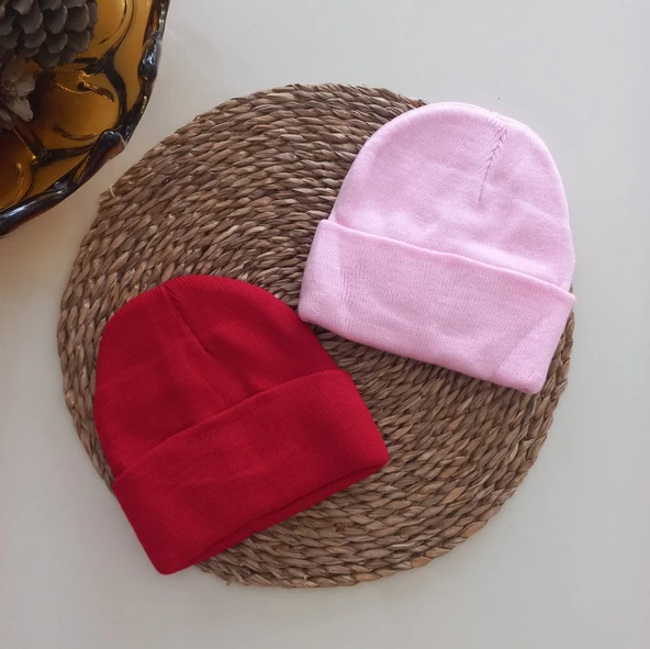 MARS BABY Kız Erkek Unisex Çocuk Kırmızı Pembe Triko Düz Katlamalı Bere ürün görseli 1