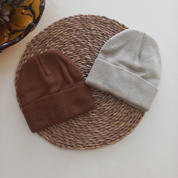 MARS BABY Kız Erkek Unisex Çocuk Kahverengi Taba Bej Triko Düz Katlamalı Bere ürün görseli 1