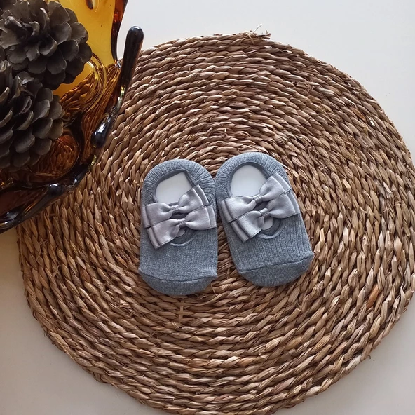 MARS BABY Kız Bebek Gri Fiyonklu Babet Çorap ürün görseli 1