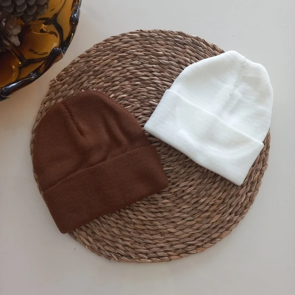 MARS BABY Kız Erkek Unisex Çocuk Kahverengi Krem Triko Düz Katlamalı Bere ürün görseli 1