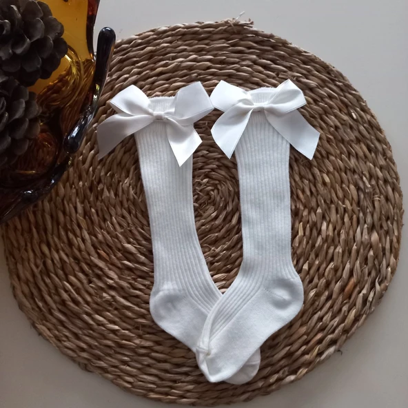 MARS BABY Kız Bebek Krem Fiyonklu Dizaltı Çorap ürün görseli 1
