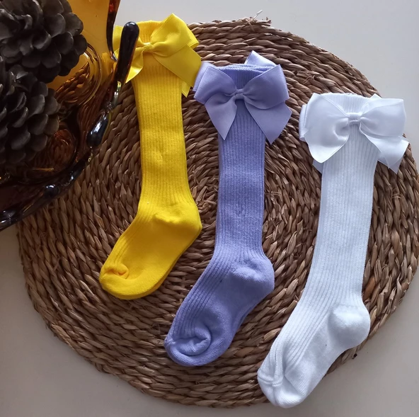 MARS BABY Kız Bebek Sarı Lila Beyaz 3lü Fiyonklu Dizaltı Çorap ürün görseli 1