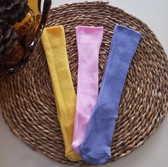 MARS BABY Kız Bebek Sarı Pembe Lila 3lü Düz Dizaltı Çorap ürün görseli 1