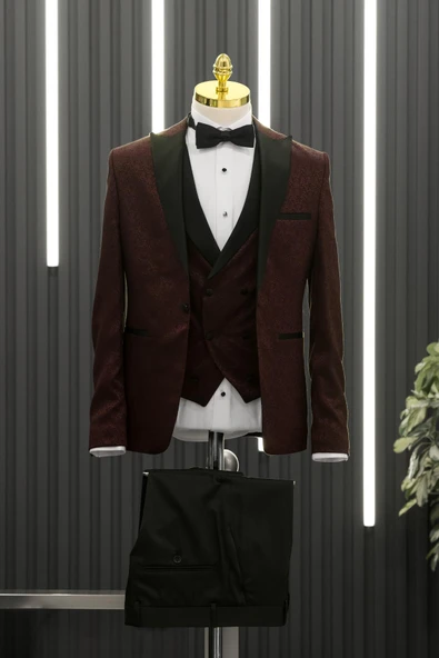 Slimfit (Skinny Kesim) Şal Desenli Sivri Sabit Yaka Yelekli Papyonlu Smokin Takım Elbise ürün görseli 1