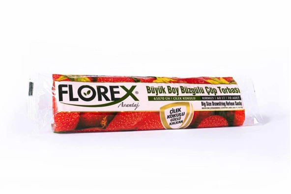 Florex 60 Litre Büzgülü Çilek Kokulu Kırmızı Çöp Torbası Poşeti / 65 x 70 Cm. - 10 Adetlik 1 Rulo ürün görseli 1