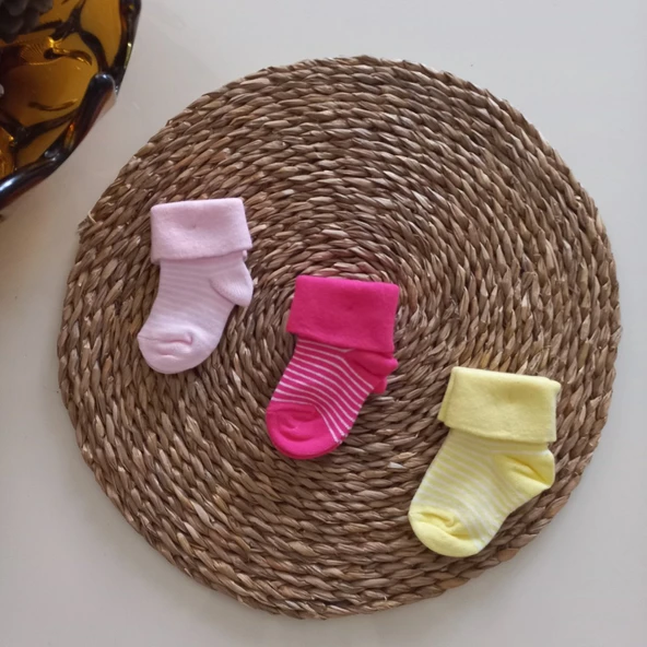 MARS BABY Kız Bebek Pembe Fuşya Sarı 3lü Kıvrık Soket Çorap ürün görseli 1