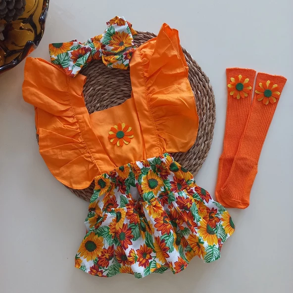 MARS BABY Kız Bebek Turuncu Ayçiçeği Desenli Fırfırlı Salopet Bandana Figürlü Çorap Takım ürün görseli 1