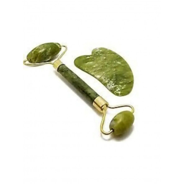 Orijinal Yeşim Taşı Çift Taraflı Jade Roller & Gua Sha Yüz ve Vücut Yenileme ve Masaj Seti ürün görseli 1