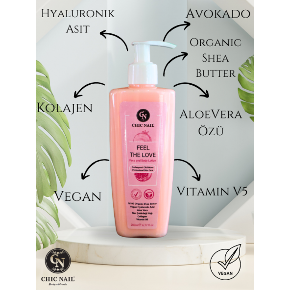 Chic Nail Vegan Yüz ve Vücut Losyonu Feel The Love - Collagen / Hyaluronik asit / AloeVera Özü / Avokado Yağı ürün görseli 1