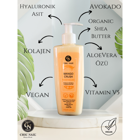 Chic Nail Vegan Yüz ve Vücut Losyonu Mango Crush - Collagen / Hyaluronik asit / AloeVera Özü / Avokado Yağı ürün görseli 1