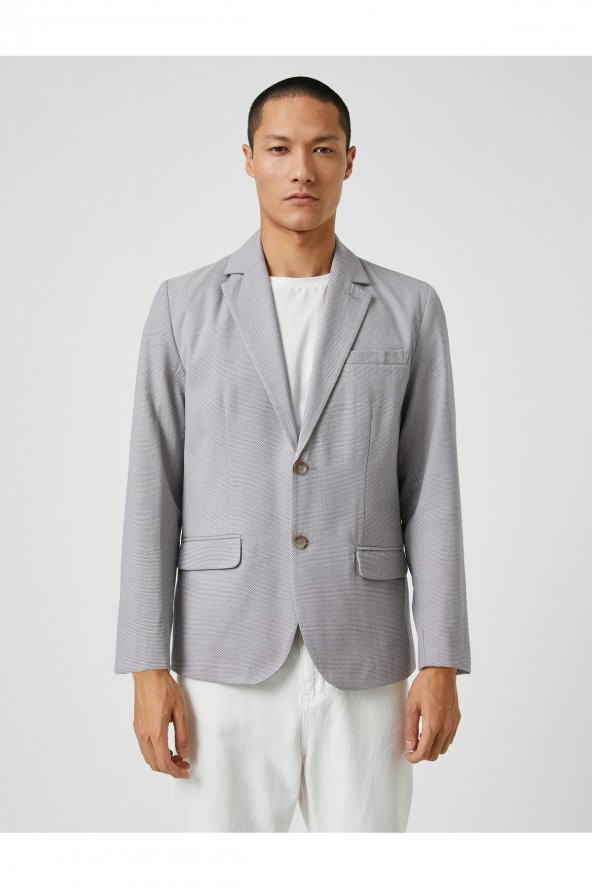 Basic Blazer Ceket Geniş Yaka Düğmeli Cep Detaylı - Resim 3