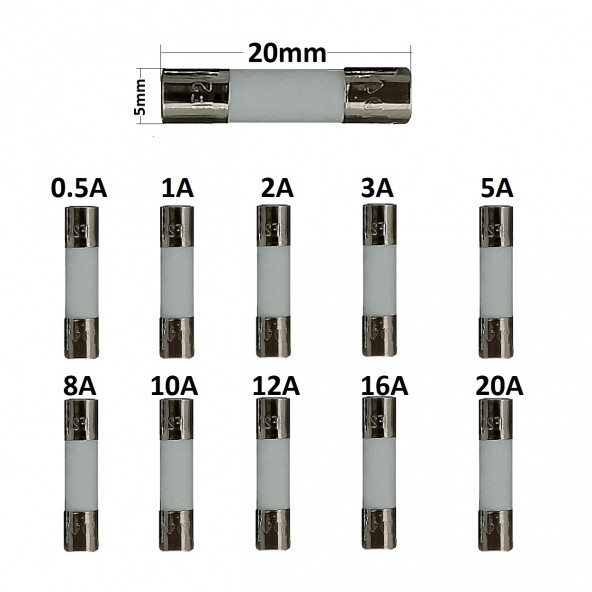 YATE10 5x20 Seramik Sigorta Seti 50X 10 Tür Poşetli ürün görseli 1
