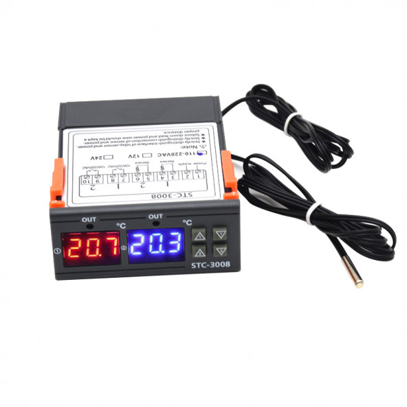 STC-3008 220V 10A Çift Ekranlı Çift Problu Termostat (NEM ÖLÇMEZ) Kuluçka Makinalarına Uygun ürün görseli 1