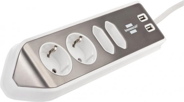 Brennenstuhl Estilo Mutfak ve Ofis İçin Çelik Yüzeyli Köşeli 4 Soketli 2 USB li 2 MT Uzatma Kablo Beyaz ürün görseli 1