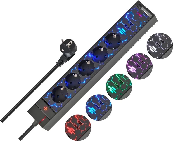 Brennenstuhl Oyuncu Serisi 5 Renk LED Aydınlatmalı ve Renk Değiştirme Modlu 2 USB li 5 Soketli 1.5 Metre Priz ürün görseli 1