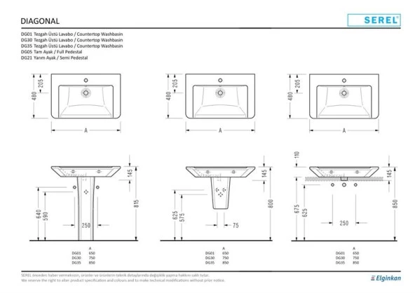 Serel Diagonal 48x65 cm Duvara Monte Lavabo DG01TDS110H ürün görseli 1