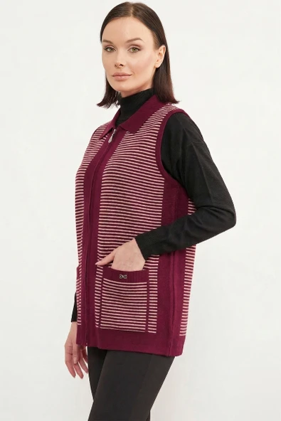 Polo Yaka Fermuarlı Triko Yelek - Bordo - Resim 2